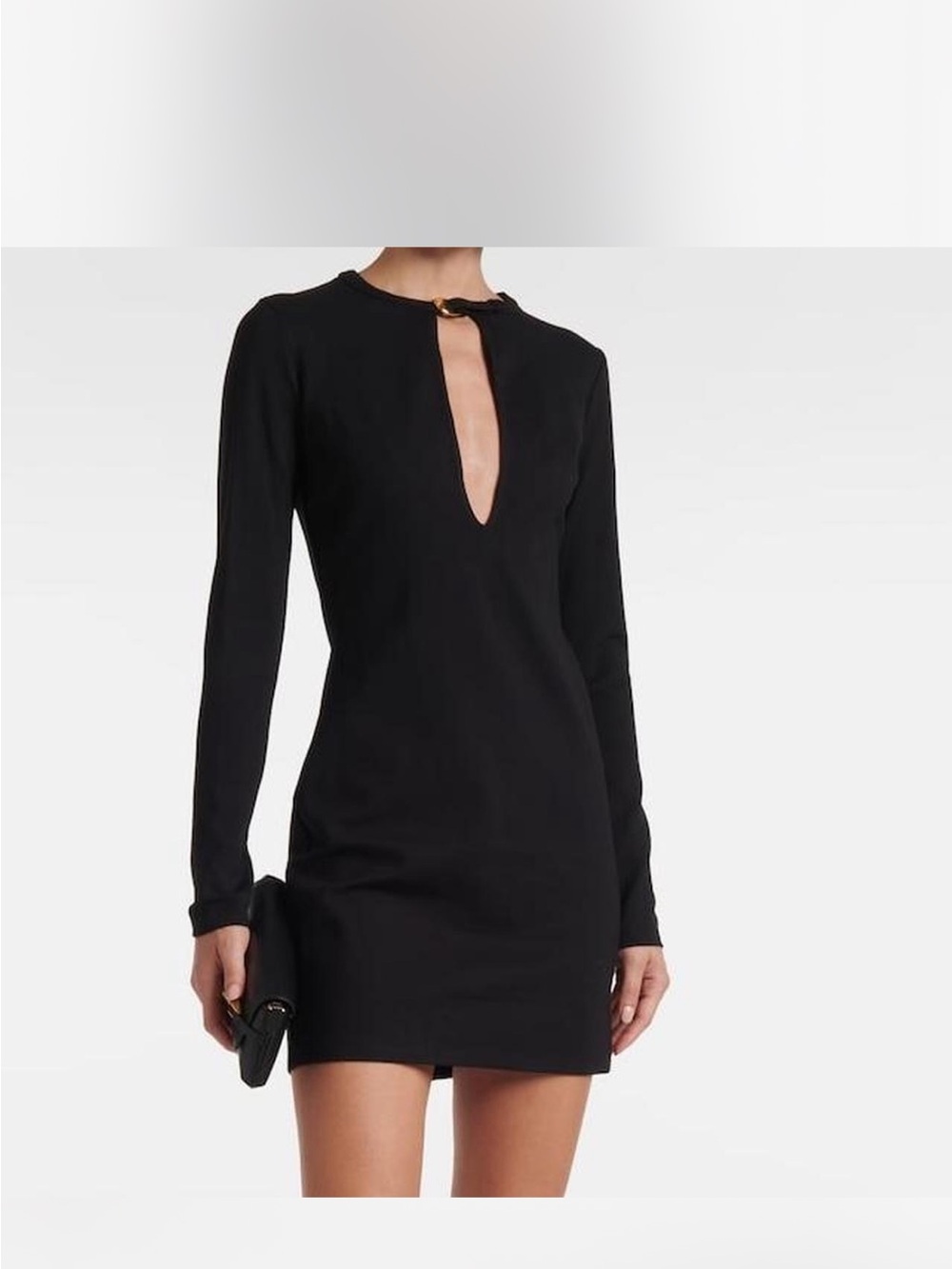 STAUD Black Long-Sleeve Keyhole Mini Dress with Gold Clasp